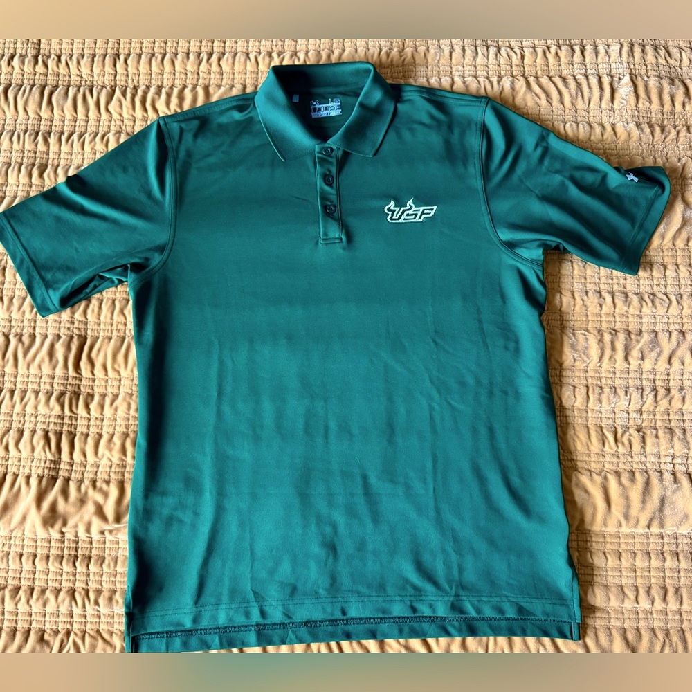 Lightweight emerald green USF Bulls Under Armour golf/polo shirt.